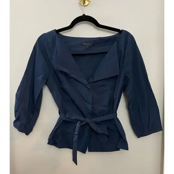 Theory Capsule Elegant Modern Minimalist Classic Tie Waist Navy Top or Jacker M - Picture 2 of 6